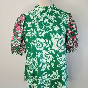 Hailey & Co. - Embroidered Shirt - Embellished Short Sleeve- Pink- Green- Small